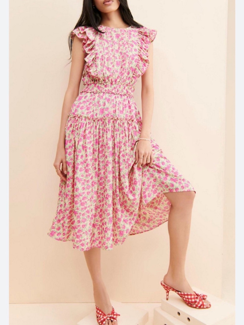 Moon River Pink Floral Pleated Bodice Dress